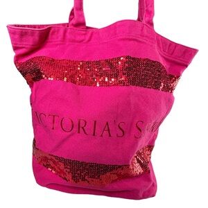 Victoria's Secret Sequin Pink Canvas Large Tote Beach Bag